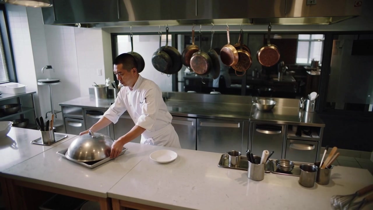 Chef entrando, usando jaqueta branca e carregando uma cloche de metal, ajustando a cúpula para empratar em uma ilha de preparação.