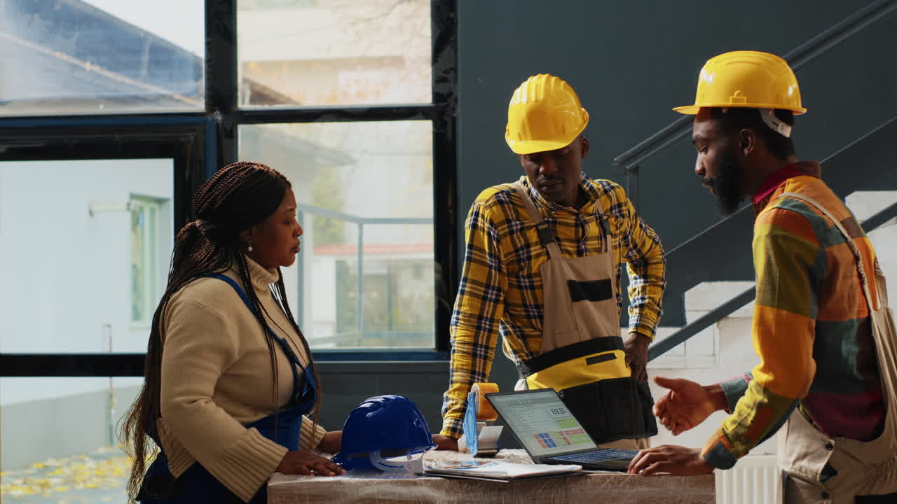 Construction workers collaborating on a project