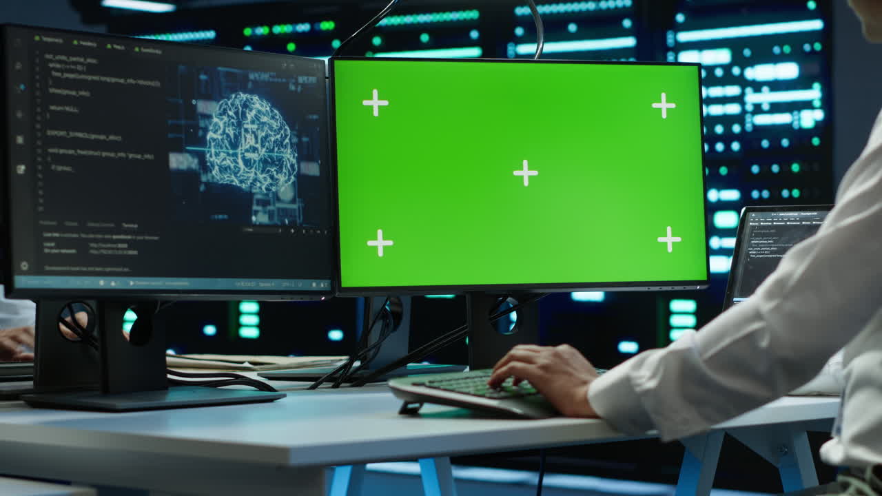 zoom de un experto en un centro de datos usando inteligencia artificial en una maqueta de pc