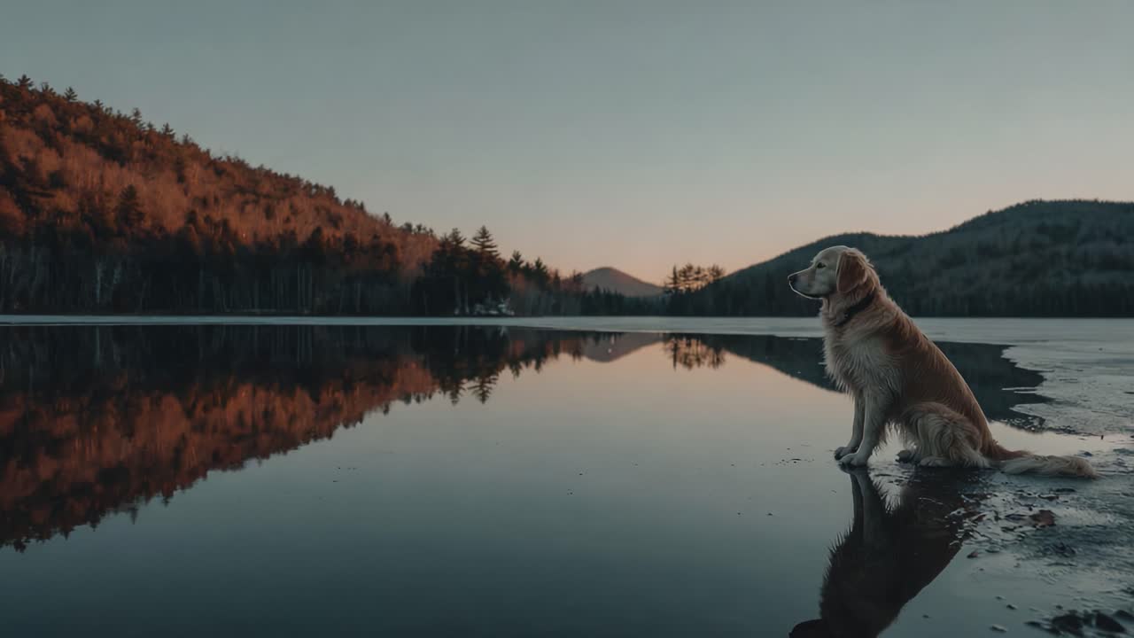 Serene Reflection: A Golden Retriever Enjoys a Tranquil Lakeside View at Dusk, Capturing the Beauty of Nature's Peaceful Evening Atmosphere