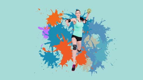 animation of caucasian female handball player throwing ball over colourful stains