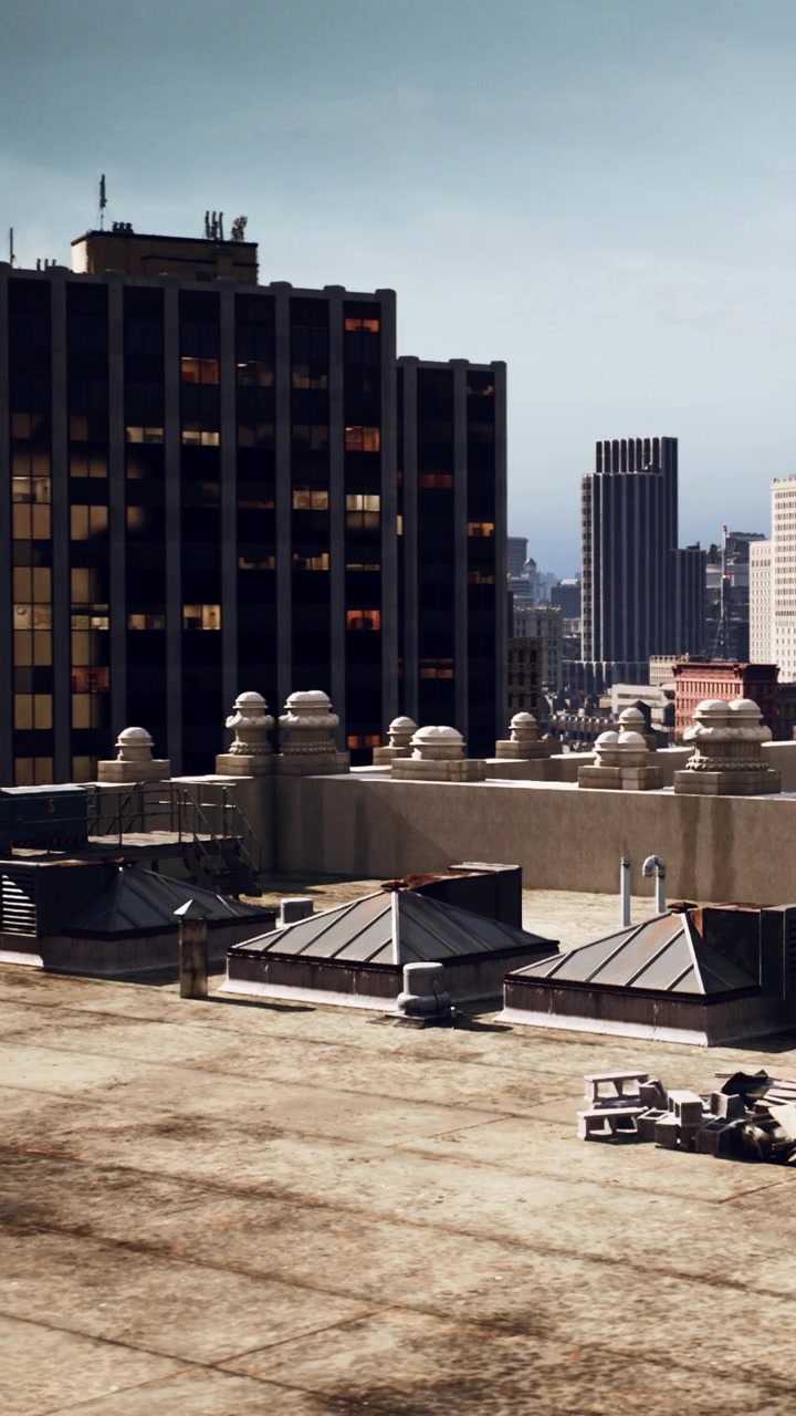 Buildings and rooftops in a city during daylight hours with clear skies