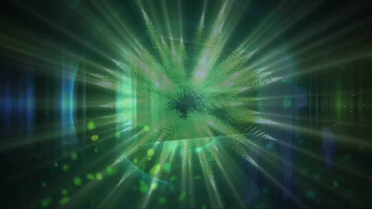 Mehrere Bildschirme mit Datenverarbeitung vor einem sich drehenden grünen Lichtschweif und tanzenden Menschen.