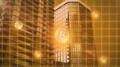 animation of bitcoin symbols over buildings