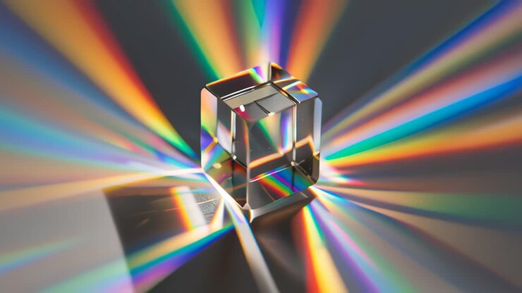 Abstract footage of a transparent glass cube prism refracting sunlight into vivid rainbow beams on a gray backdrop, concept for optics, spectrum, science, and design