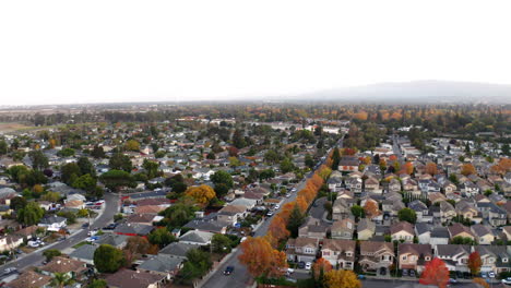 aerial view of a suburban neighborhood with colorful autumn trees