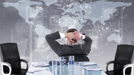 rear view of businessman looking at tech interface