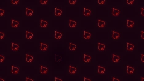 trajes de neón rojo de cartas de picas en filas en degradado negro