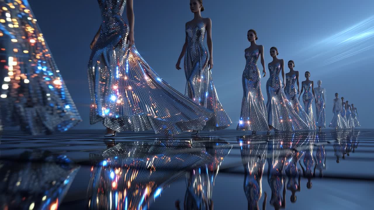 Fashion Models on Runway Wearing Sparkly Dresses
