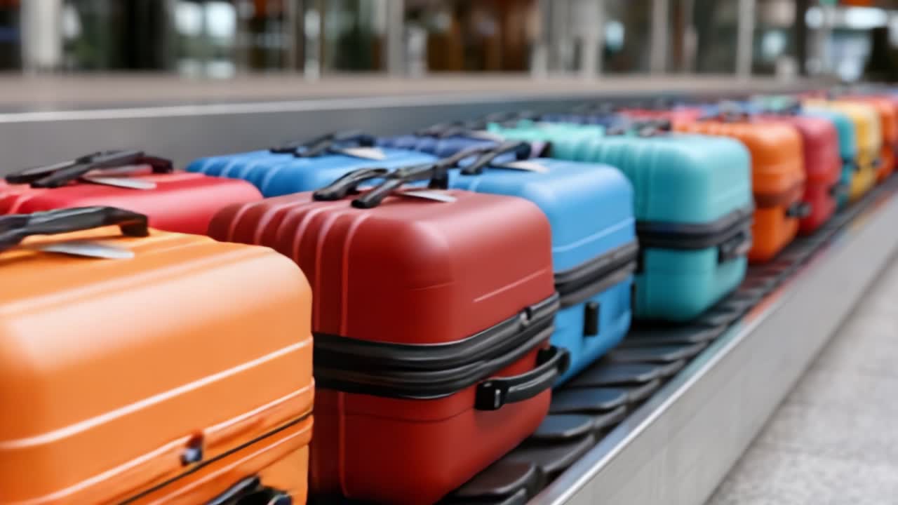 Uma Exposição Colorida de Bagagens na Esteira Transportadora: Exibindo Várias Malas Vibrantes em um Ambiente de Viagem