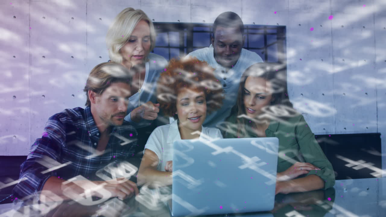 Animation of binary coding over group of students using laptop