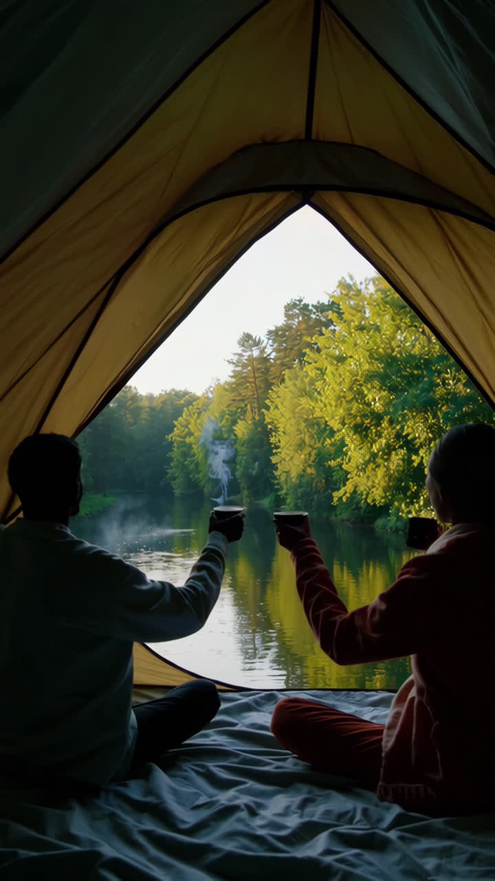 Couple Enjoying a Peaceful Morning by the River from Inside a Tent