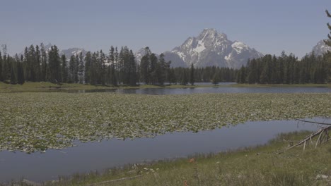 Toma-Panorámica-De-Un-Pequeño-Estanque-Y-Montañas-En-El-Oeste-De-Wyoming