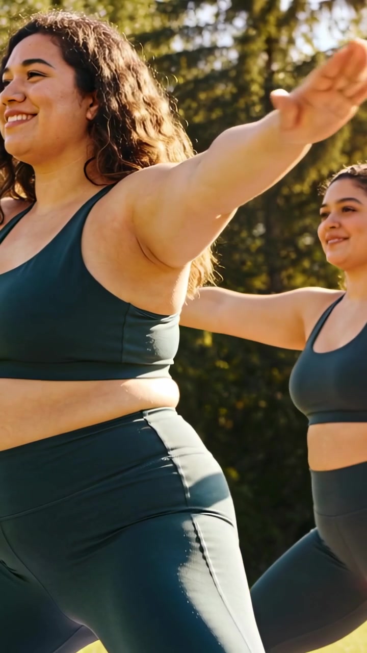 Donna che risponde a un segnale, con il partner che la imita mantenendo un allungamento del braccio in un parco soleggiato per il fitness.