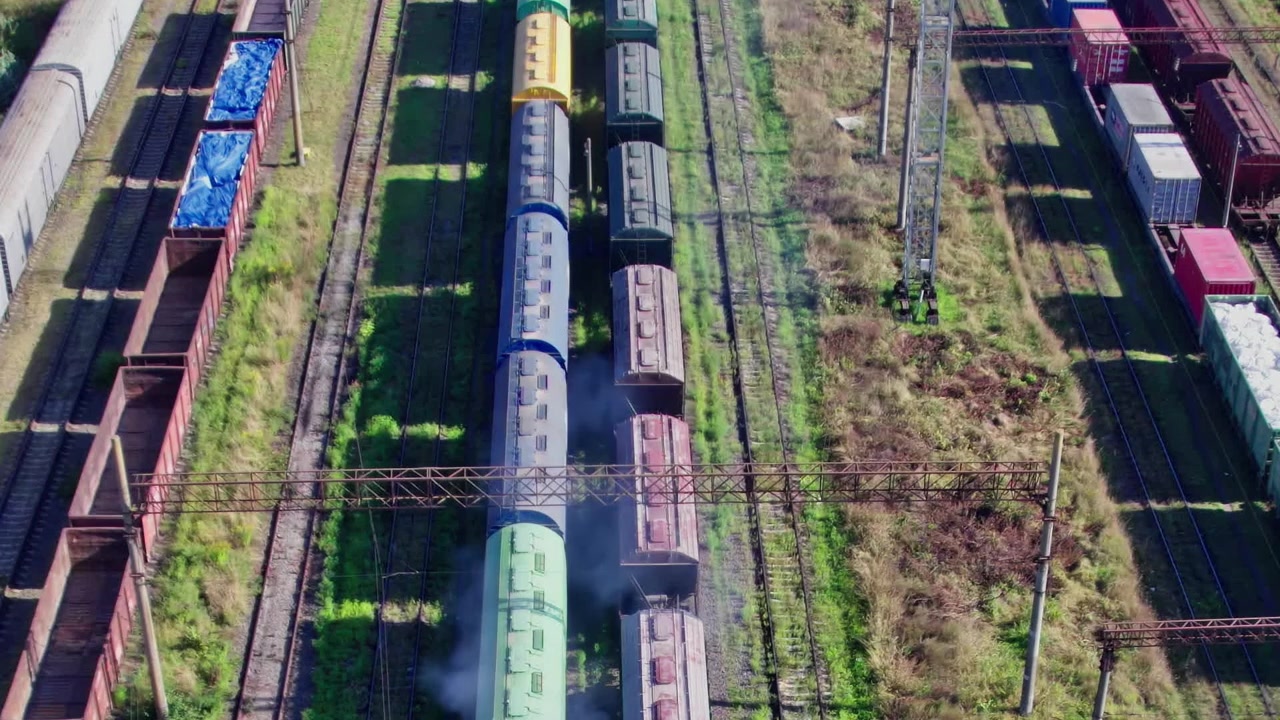 Vagoni ferroviari sui binari in uno scalo merci a mezzogiorno.
