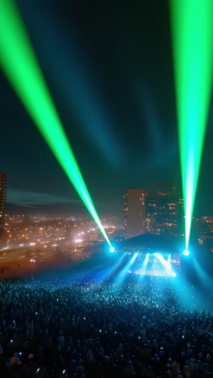 Vibrant Night Concert Scene Illuminated by Colorful Lights and Surrounded by an Enthusiastic Crowd Under a Beautiful Sky of Green and Blue Hues