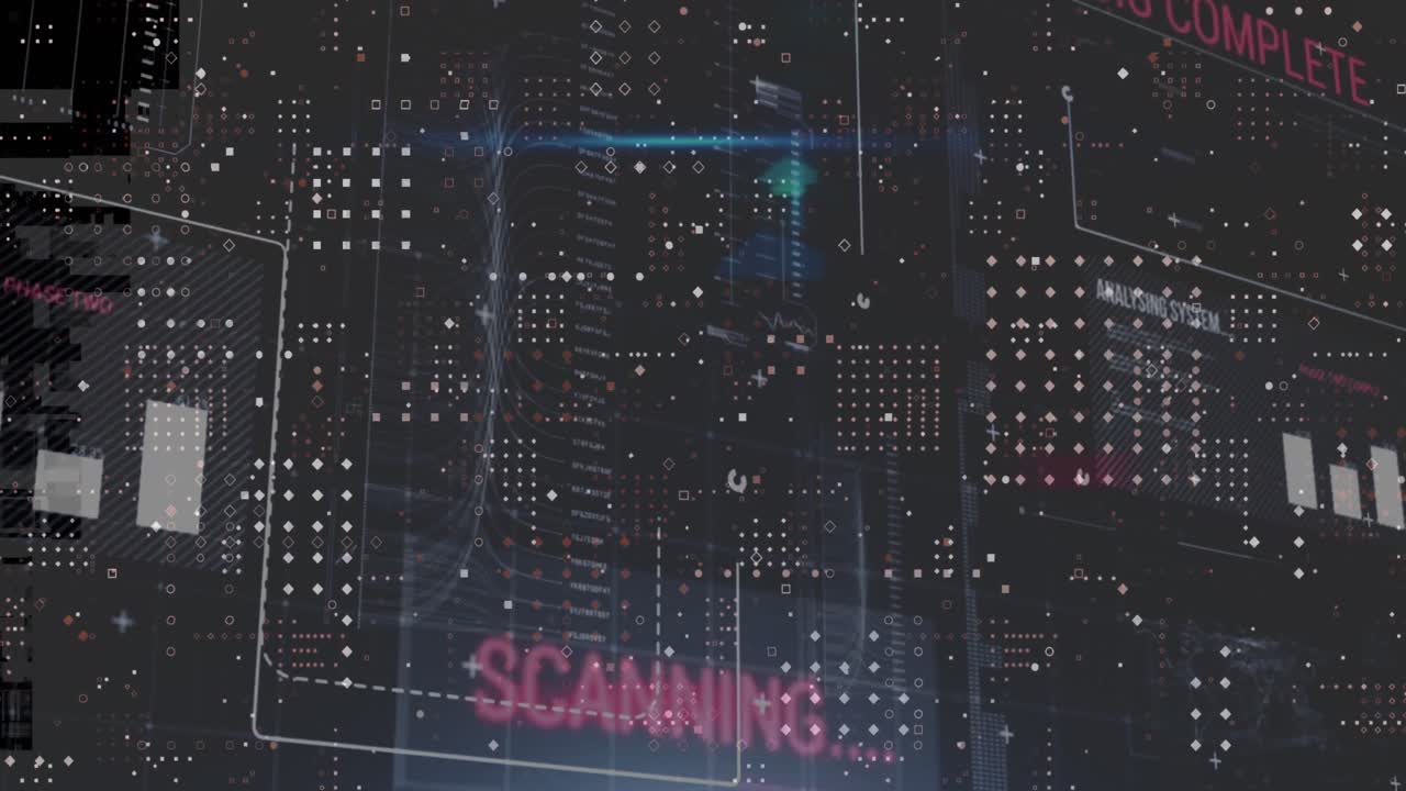 다중 텍스트, 프로그래밍 언어 및 검은색 배경의 인포그래픽 인터페이스의 애니메이션