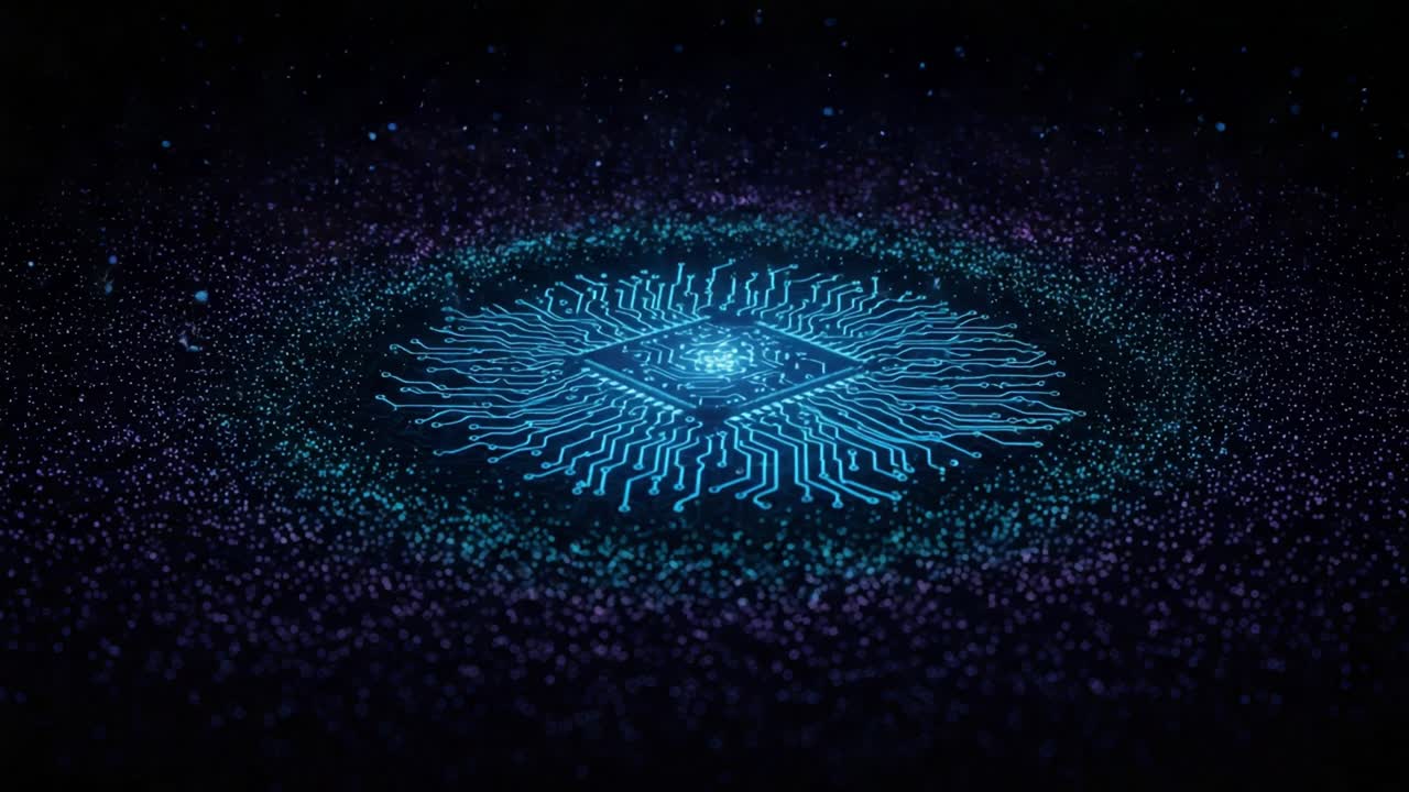 A Stunning Visualization of Quantum Technology: An Elegant Circuit Design Floating in a Galaxy of Digital Particles Representing Advanced Computational Power