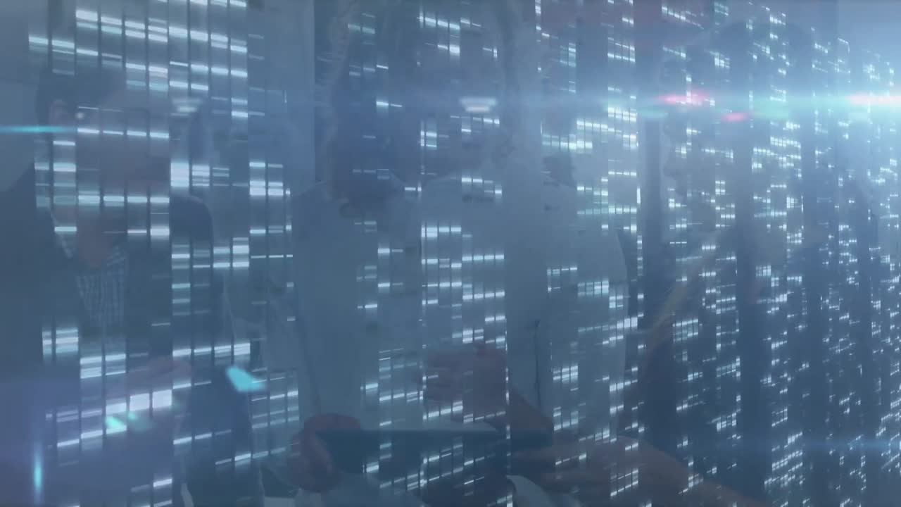 Animation of glowing lights over talking business people