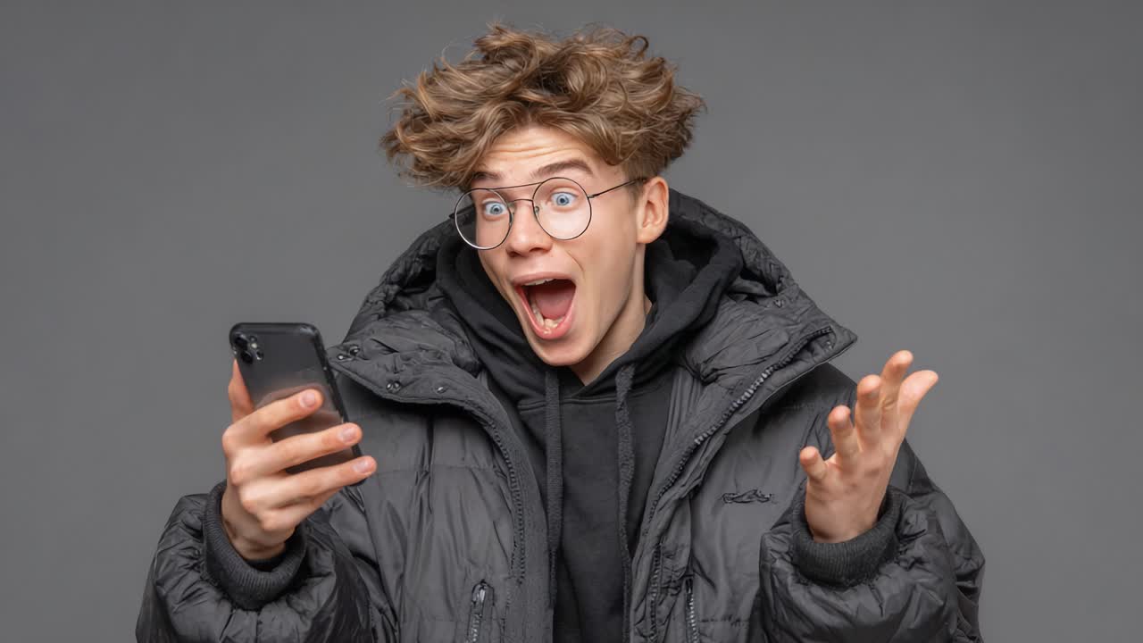 Excited Young Person in Contemporary Attire Reacting with Joy While Holding a Smartphone, Captured in Two Dynamic Frames of Enthusiastic Expression and Emotion