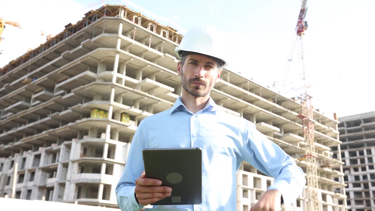 Ingeniero profesional con sombrero se ajusta el sombrero y sonríe en una obra de construcción
