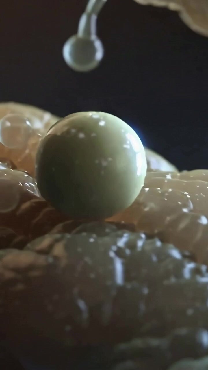 Vertical video: Drop falling from tendril causing green bead settling into groove on wet substrate