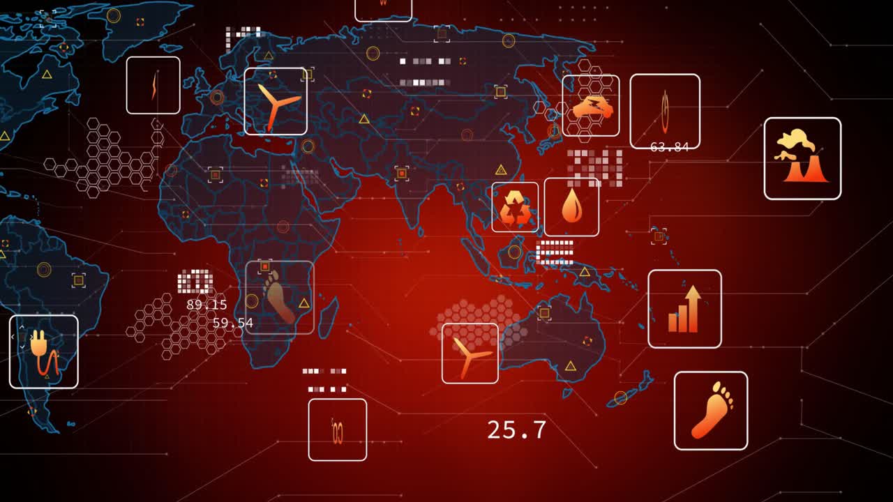 Animation of digital icons and data processing over world map against red background