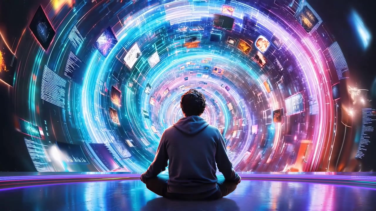 Man Meditating in a Vibrant Digital Data Vortex