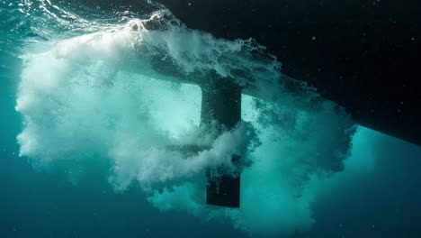 close-up of underwater propeller splashing through turbulent waters captured from below, showcasing dynamic motion and force of marine engineering