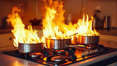 a stove top with two pots on fire in a kitchen