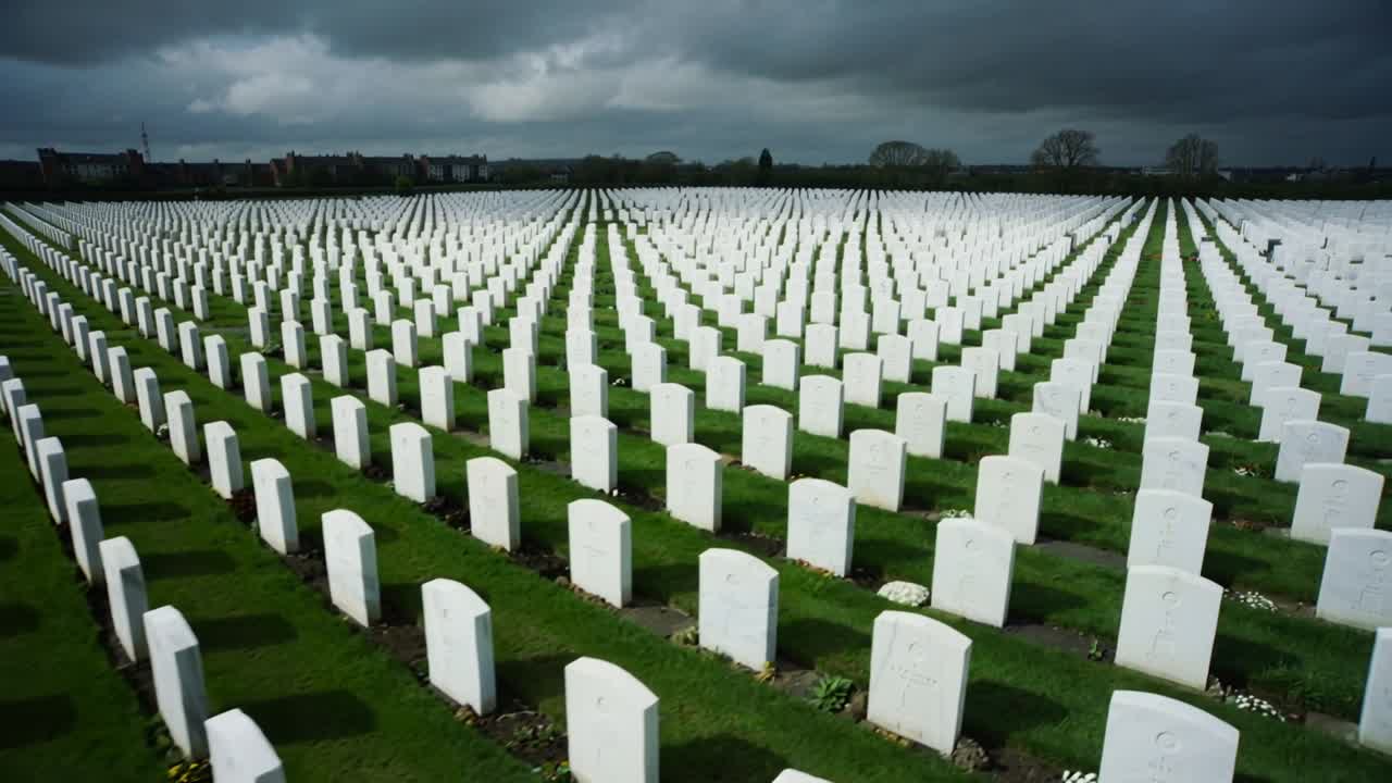 Ripresa aerea con drone che mostra file di lapidi bianche in un cimitero, sotto un cielo nuvoloso, con comando remoto.