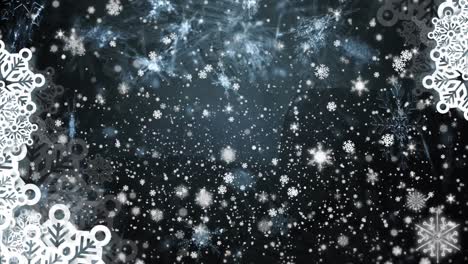 animation of white christmas snowflakes falling in night sky with snowflake borders