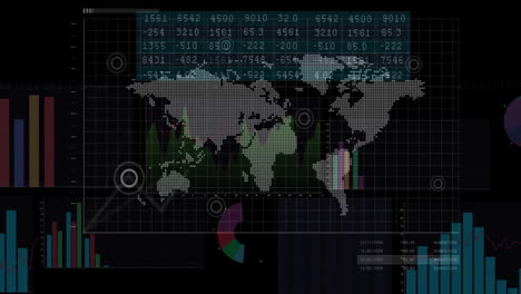 Mapa-Mundial-Con-Gráficos-Y-Cuadros-De-Datos,-Animación-De-Análisis-Financiero-Global