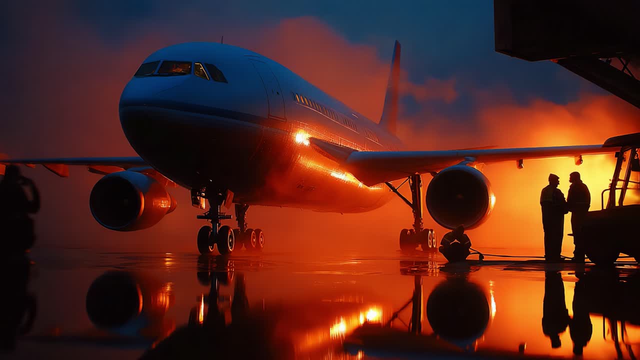 A Stunning Display of a Jet Airplane at Dusk: Captured in a Dramatic Moment with Brilliant Flames Illuminating the Scene, Reflecting Off a Wet Surface and Creating an Atmospheric, Enigmatic Ambiance