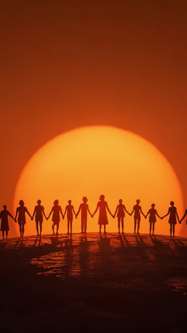 A Serene Gathering at Sunset: Silhouetted Figures Holding Hands Against a Vibrant Orange Sky, Symbolizing Unity, Friendship, and Connection Under a Majestic Sun