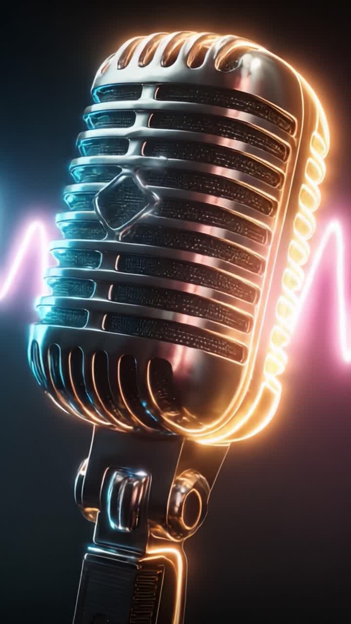 A Stunning Close-Up of a Vintage Microphone with Vibrant Neon Lighting, Capturing the Essence of Music and Audio Technology in Dynamic Visuals