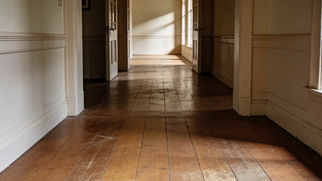 Telecamera in movimento che rivela un pavimento in assi larghe consumato in un corridoio con finestra a più riquadri, mostrando una macchia di sole.