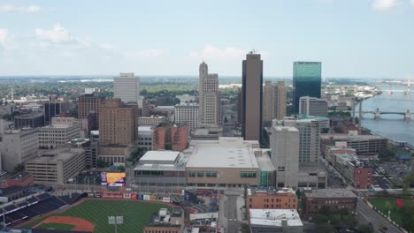 Skyline-Von-Toledo,-Ohio-Mit-Drohnenvideo-Von-Links-Nach-Rechts,-Das-Den-Maumee-River-Zeigt