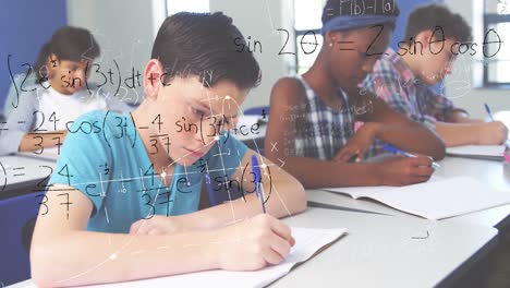 estudiantes en un aula y ecuaciones matemáticas