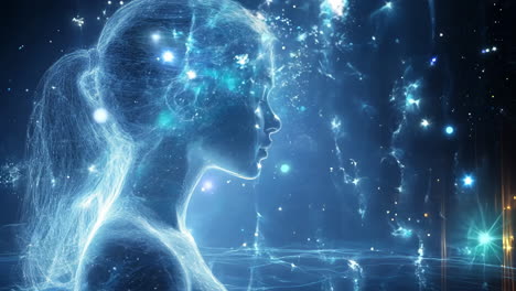 a woman's face is shown in a blue light, with a blue background. the image has a futuristic and otherworldly feel to it