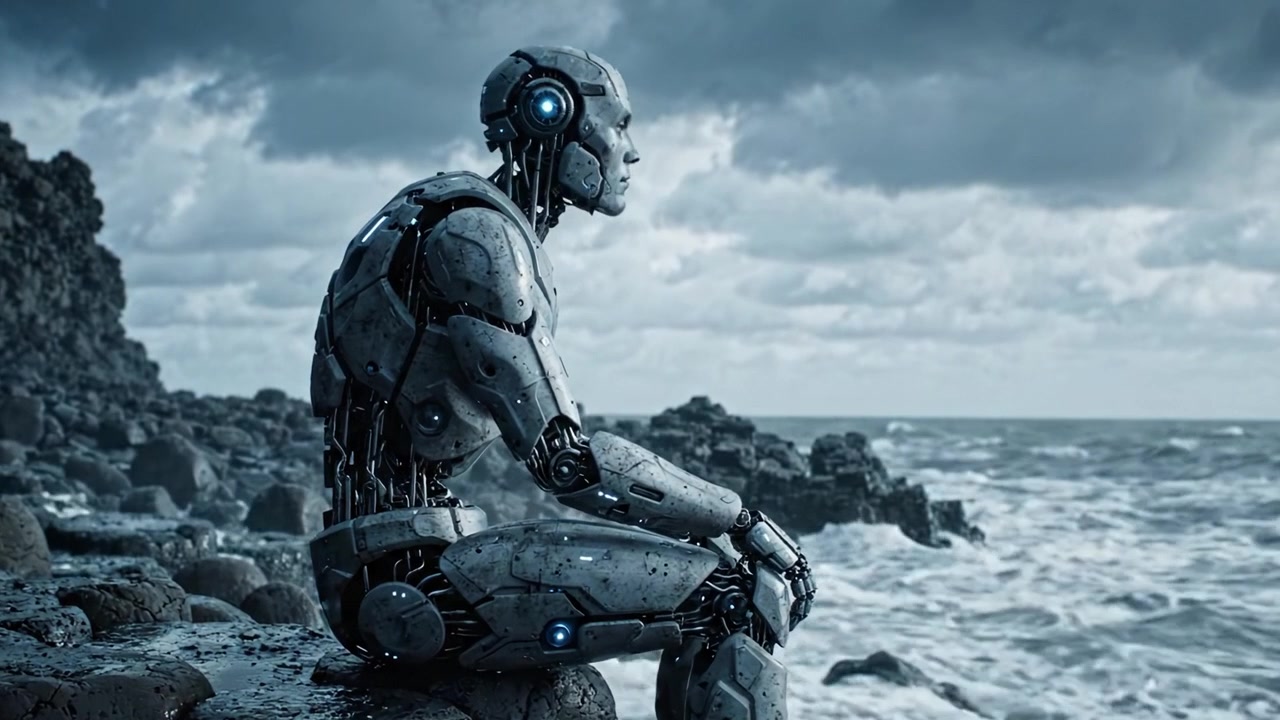 Un robot contemplatif au bord de l'océan : Explorant les thèmes de l'isolement et de l'existence dans un paysage futuriste avec des vagues agitées et des nuages dramatiques.