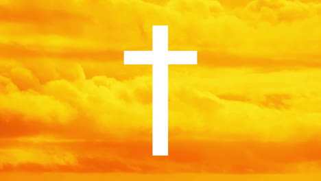 animation of white silhouette of white christian cross over orange and yellow clouds