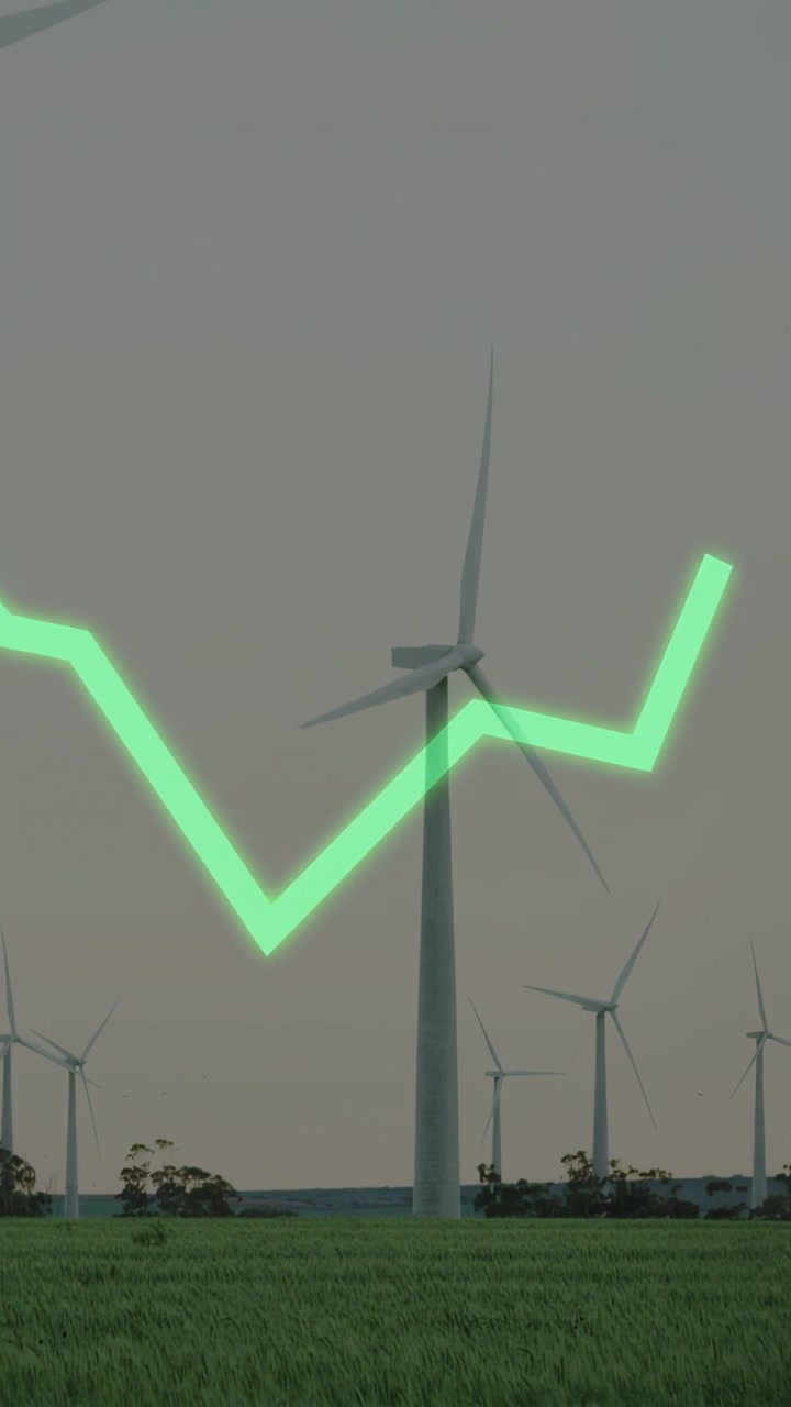 Vertical video: Center turbine rotating, neon line starting left and mapping energy across turbines