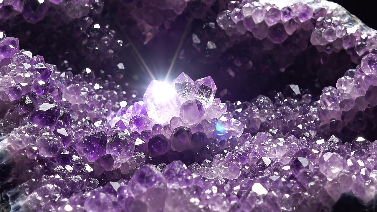 Primo piano di un geode di ametista viola scintillante con punte di cristallo luminose