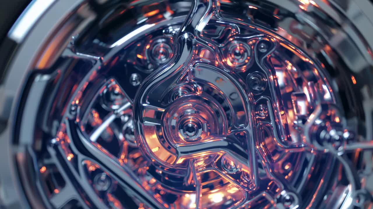 Close-up video of intricate metallic gears with a futuristic design, shot from a low angle