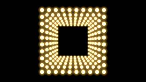 cuadro de caja de bombilla incandescente de túnel forma cuadrada patrón móvil, estilo retro 3d ilustración de estilo virtual brillo en fondo oscuro animación de bucle sin costuras 4k, con espacio de copia