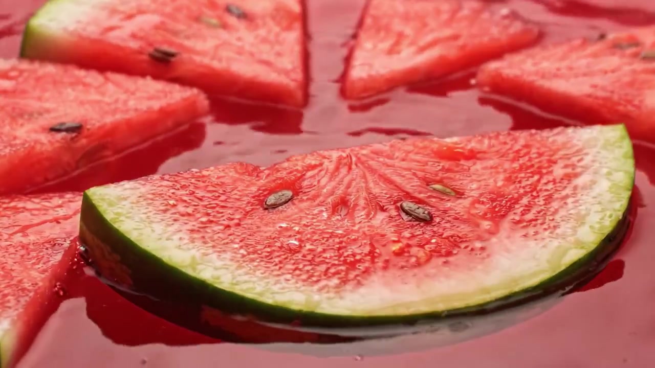 Rinfrescante spruzzo di anguria: un tuffo di frutta succosa in un liquido vibrante, che cattura l'essenza dell'estate con ogni deliziosa goccia in una pozza di succo rosso.