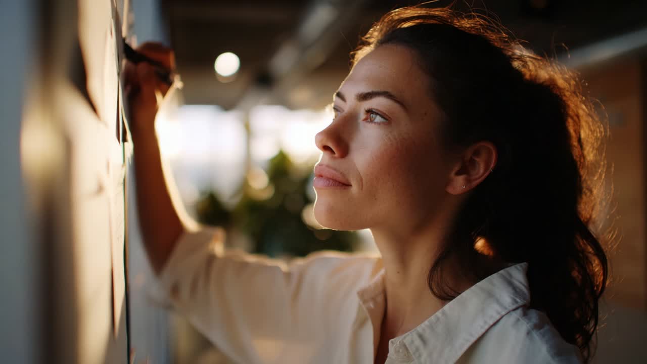 A Focused Woman Contemplating Ideas While Writing on a Wall, Illuminated by Natural Light, Capturing the Essence of Creativity, Inspiration, and Introspection in a Professional Environment