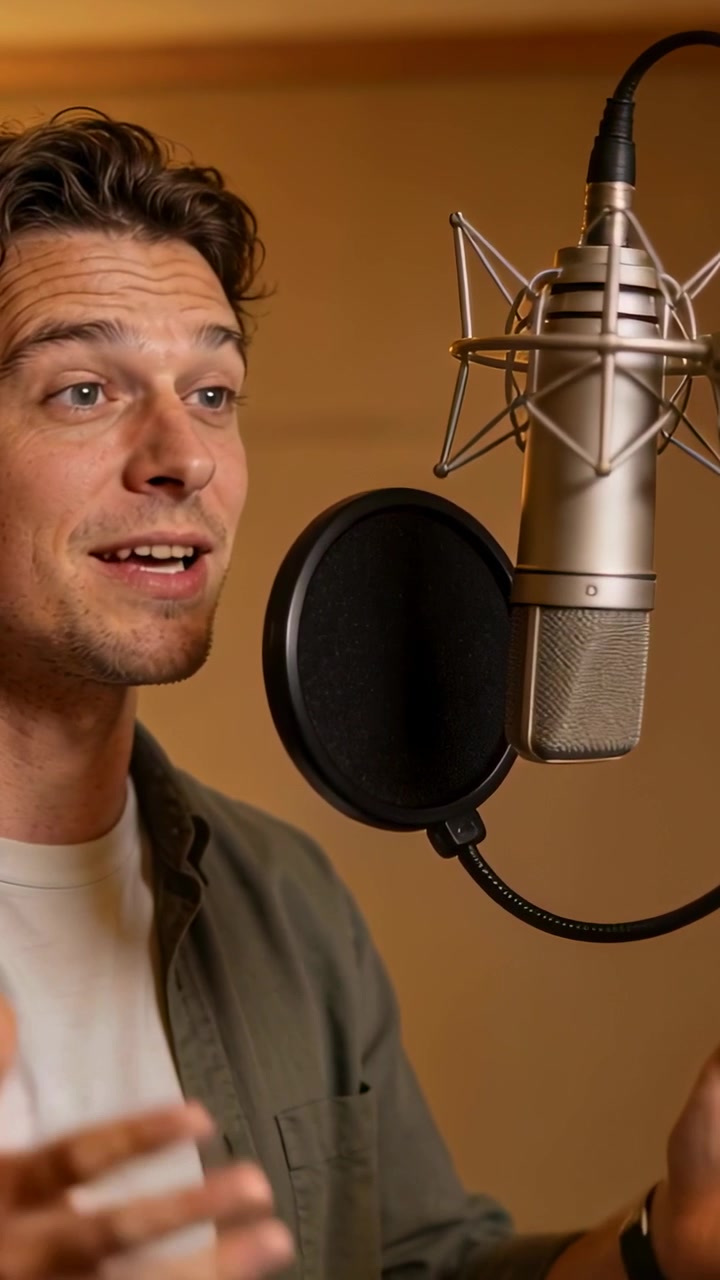 Vocalist maschile che si esibisce in un microfono a condensatore con filtro anti-pop, iniziando la registrazione, dando forma alle linee vocali per la musica.