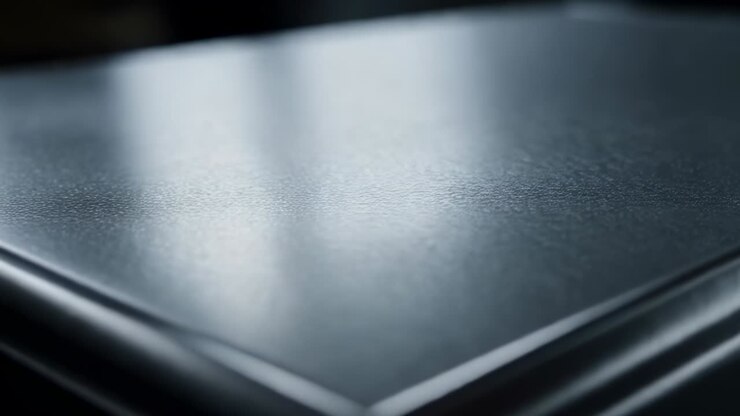 Revealing dark metal panel with fine grain, focus shifting and highlight shifting in studio, bevel